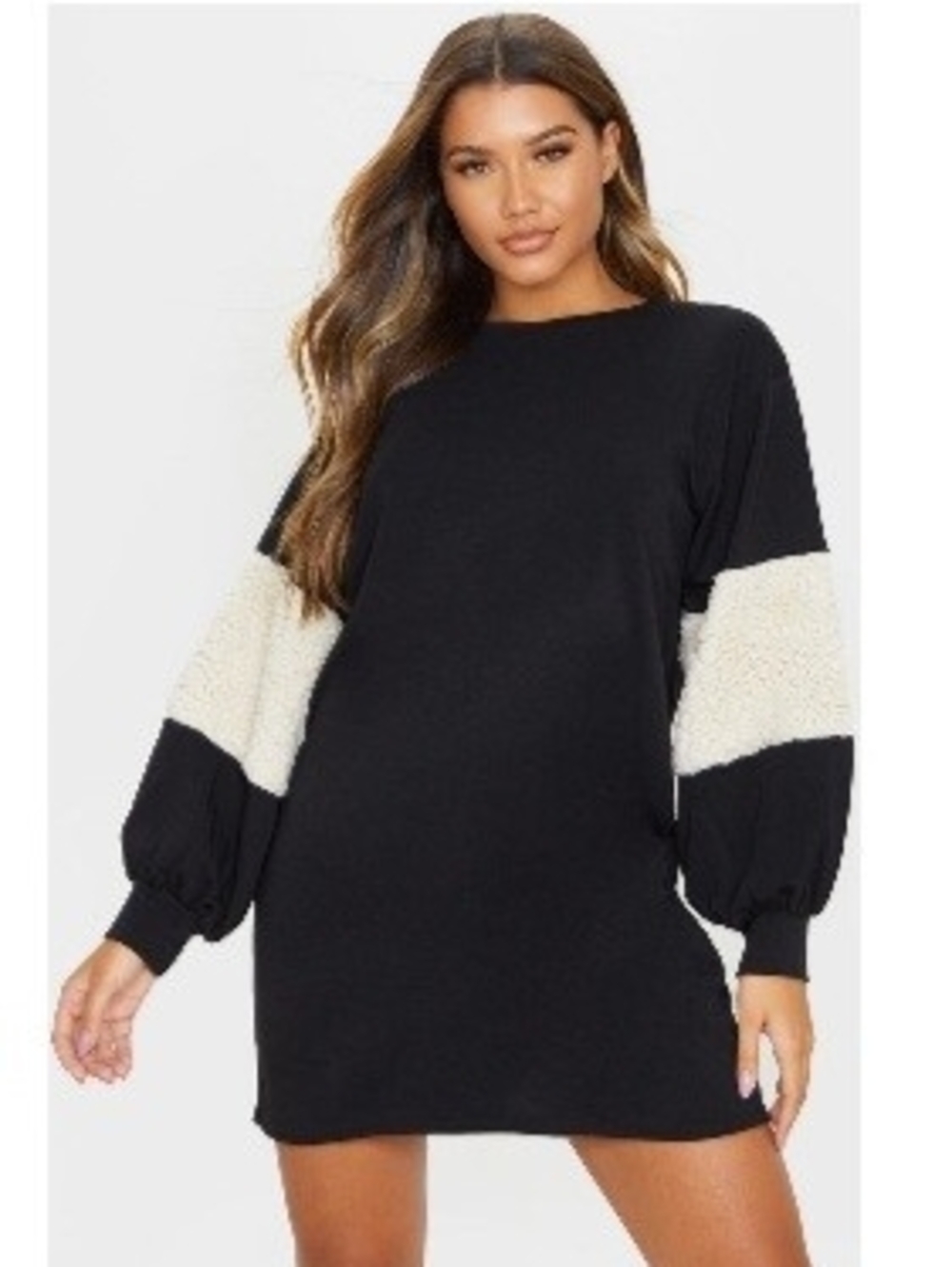 Black and Cream Colorblock Long Sleeve Sweat Shirt Dress